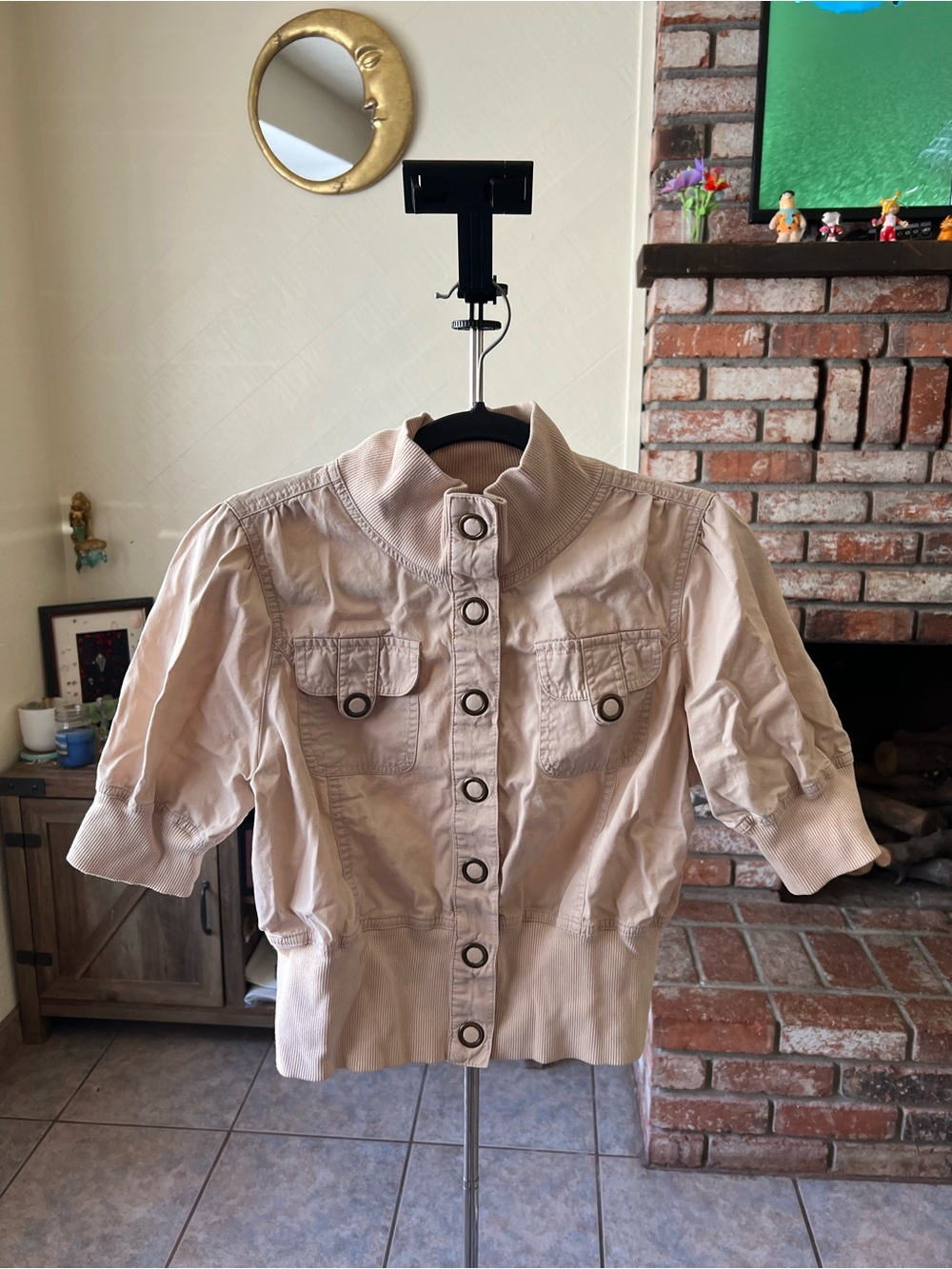 Y2K 2000 Light Beige Short Puff Sleeve Utility Jacket